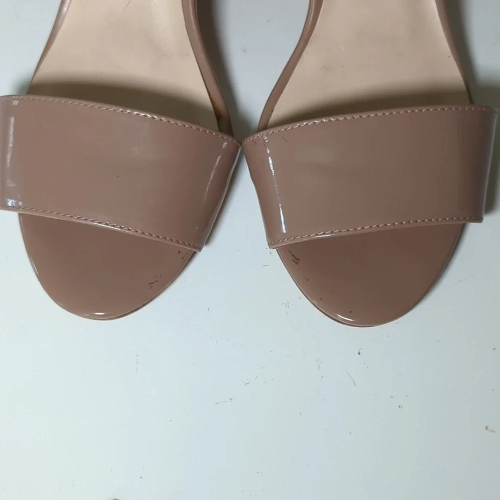 Nine West Riley Nude Patent ‎ Wedge Heels Dress Sandals Ankle Strap Neutral 8.5M